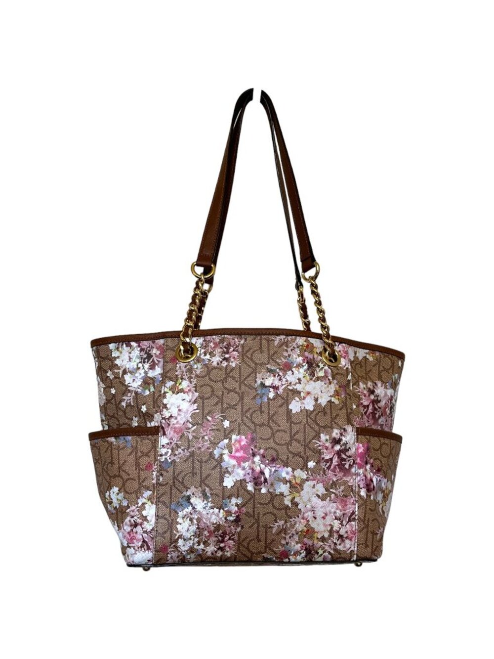 Calvin Klein Signature Hayden Floral CK Logo Satchel Tote Bag Chain Handles - Picture 2 of 16
